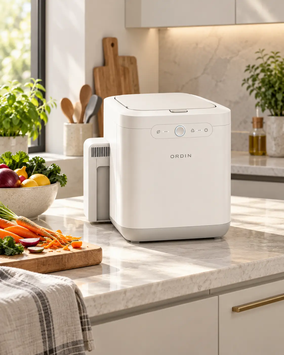 A thoughtfully arranged modern kitchen with the ORDIN Loop One appliance on a counter