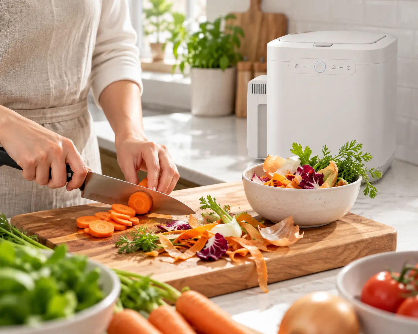 Hands preparing vegetables with peels left on a cutting board