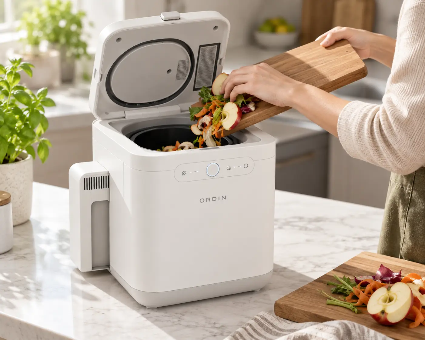 Food scraps being added into a compact countertop recycler