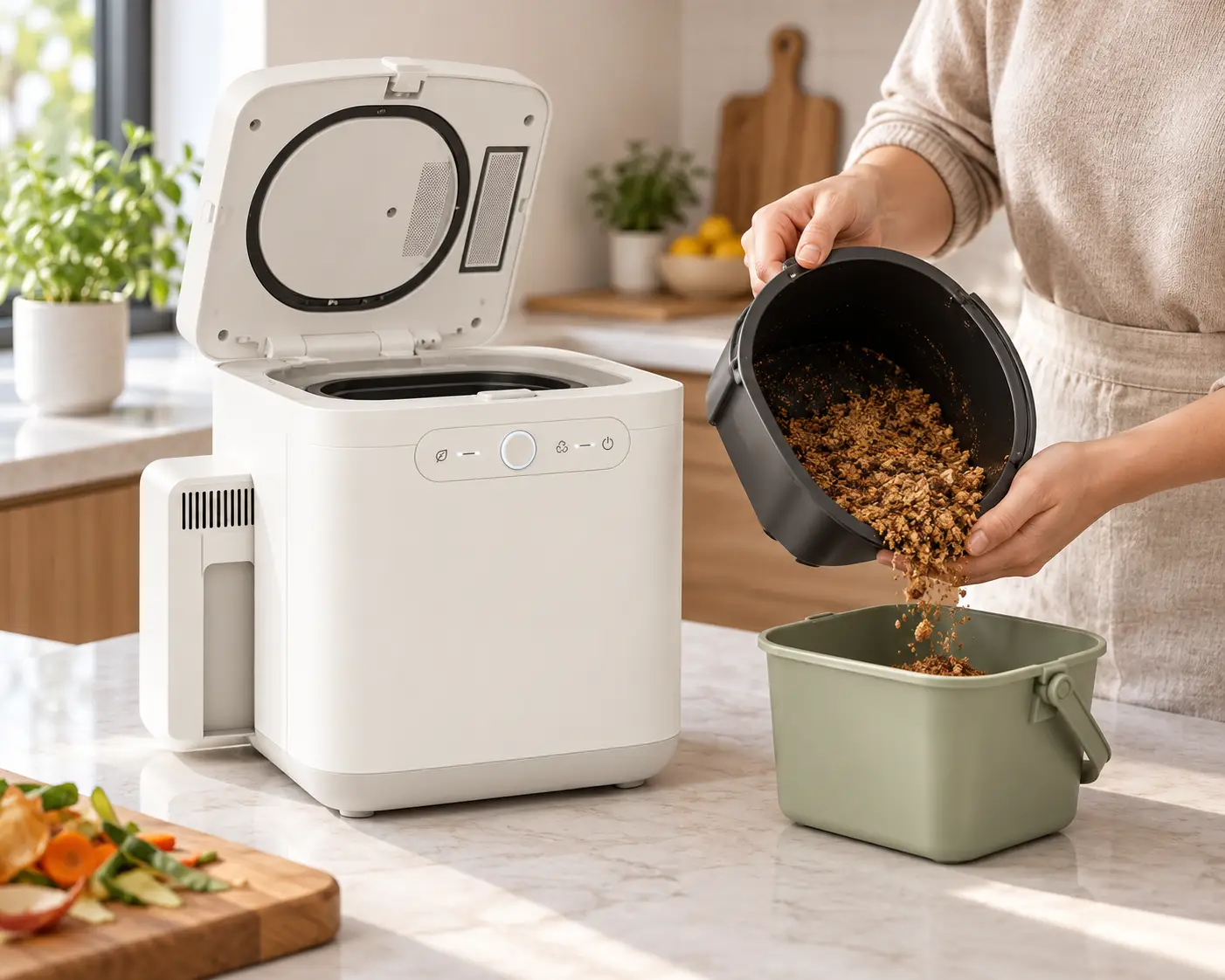 A person emptying dry food waste by-product into a container