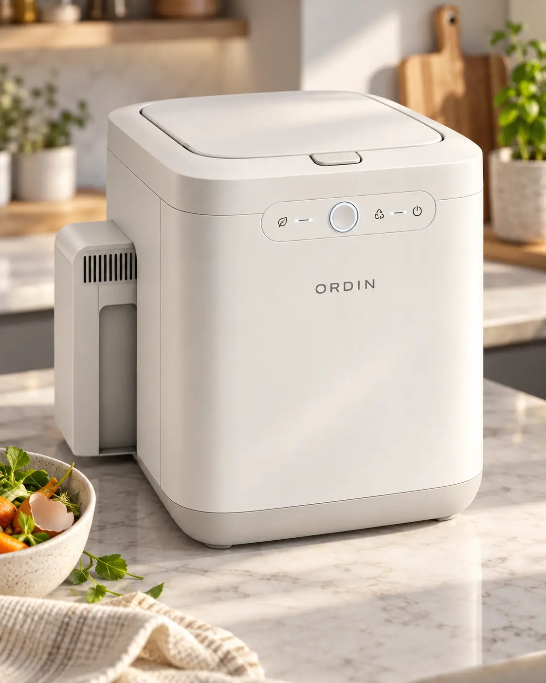 Close-up of ORDIN Loop One countertop food recycler in a contemporary kitchen