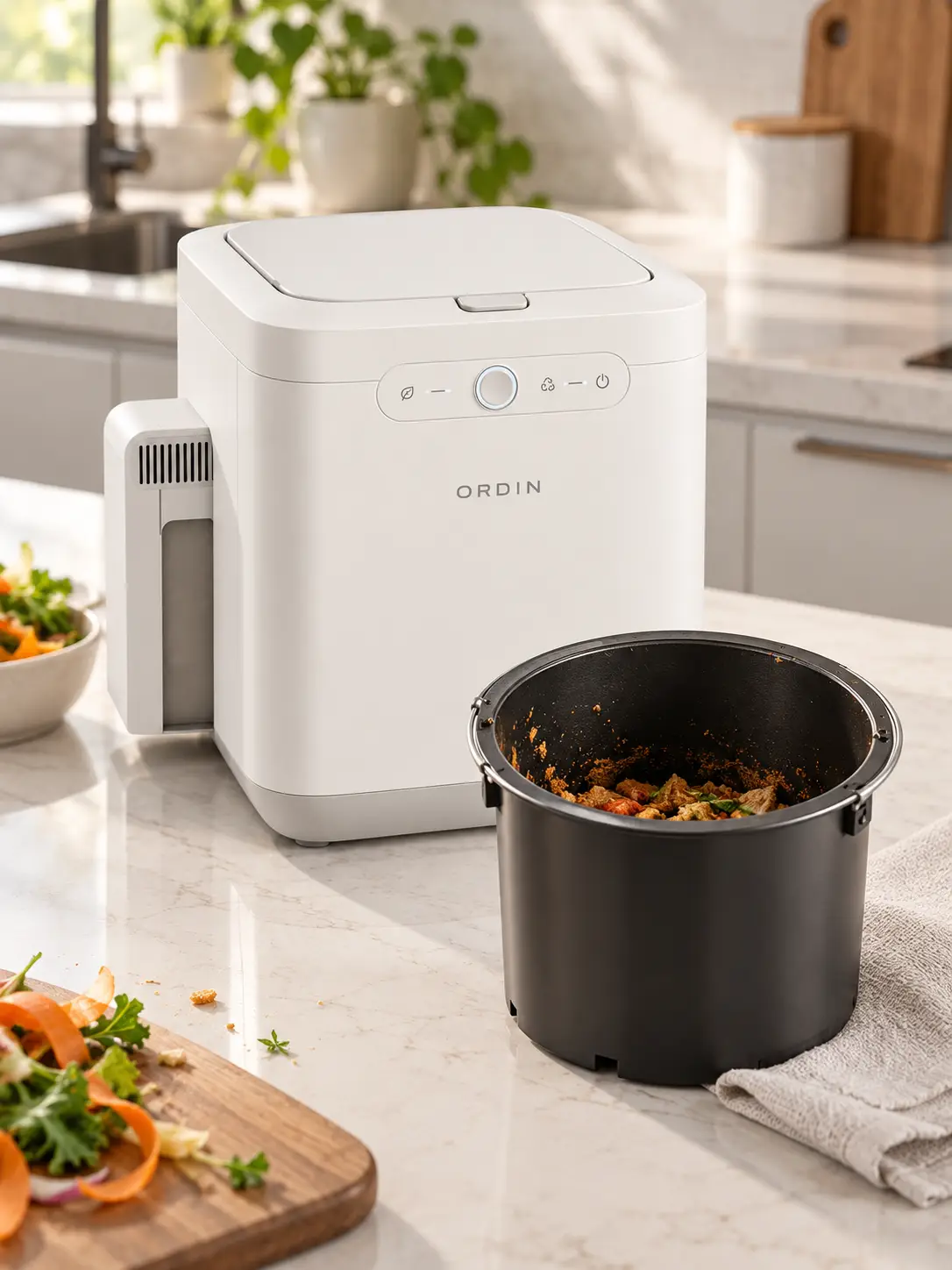 Detail of minimalist food recycler removable chamber on kitchen counter